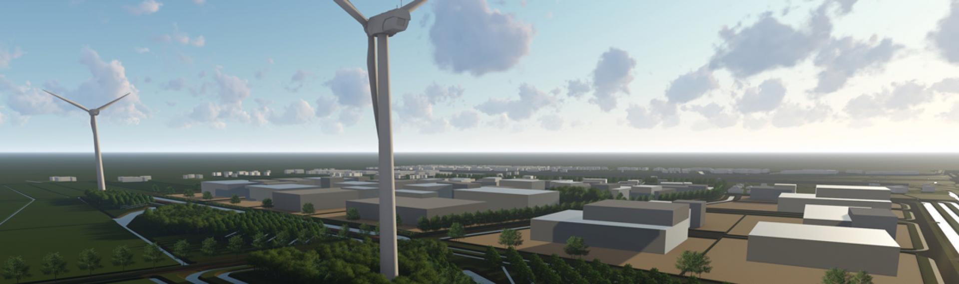 Impressie duurzaam bedrijventerrein en een windturbinepark Groote Haar